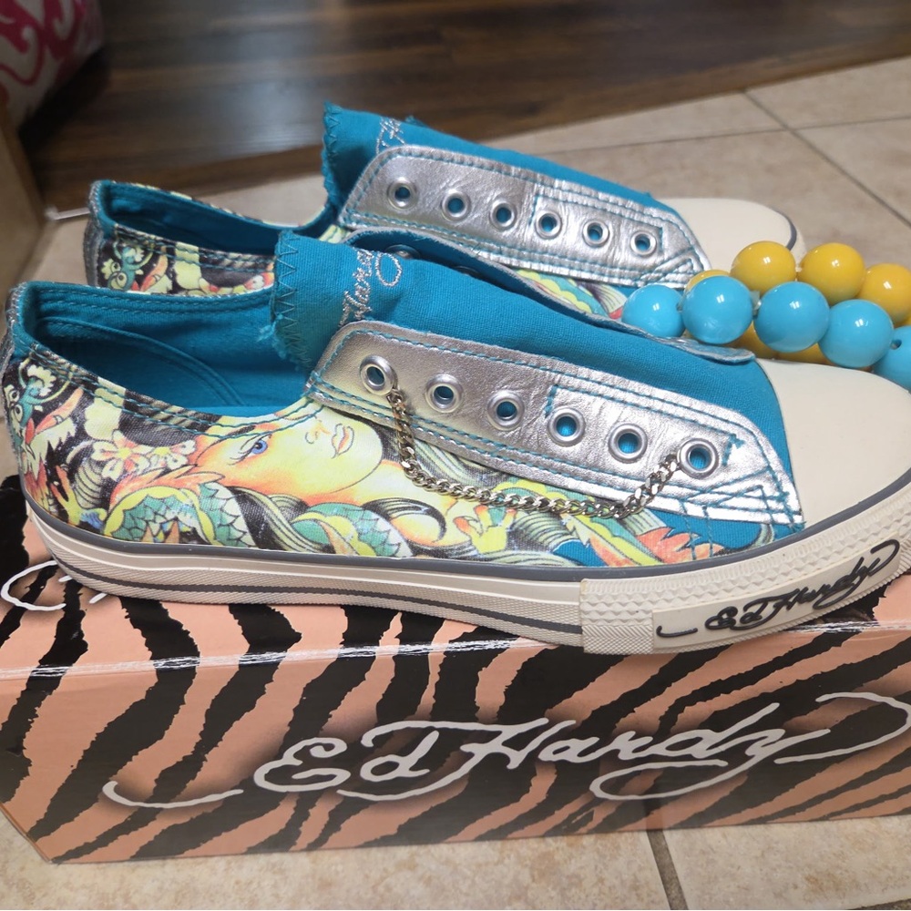 Ed Hardy women’s canvas Teal Floral Slip-On Sneakers Y2K brand New